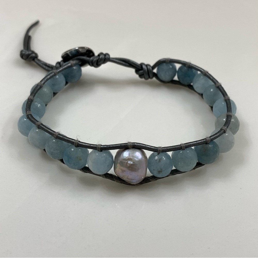 Chan Luu Single Wrap metallic grey leather sterling silver beaded bracelet